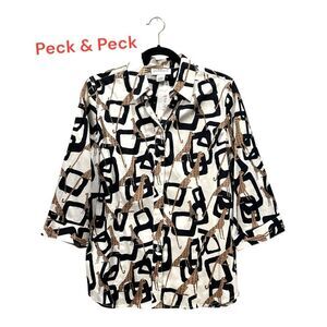Peck & Peck  Giraffe Abstract Pattern Giraffe Cream Geo Animal Print 3/4 Sleeves
